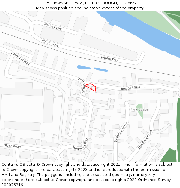 75, HAWKSBILL WAY, PETERBOROUGH, PE2 8NS: Location map and indicative extent of plot