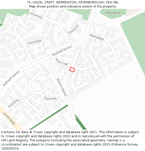 75, HAZEL CROFT, WERRINGTON, PETERBOROUGH, PE4 5BL: Location map and indicative extent of plot