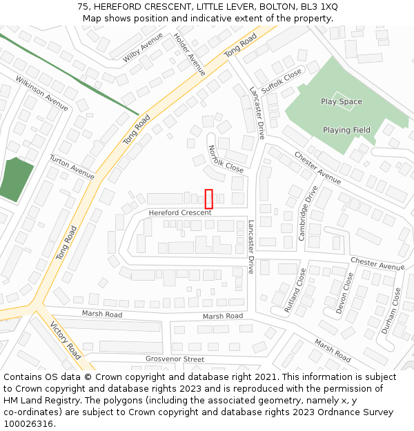 75, HEREFORD CRESCENT, LITTLE LEVER, BOLTON, BL3 1XQ: Location map and indicative extent of plot