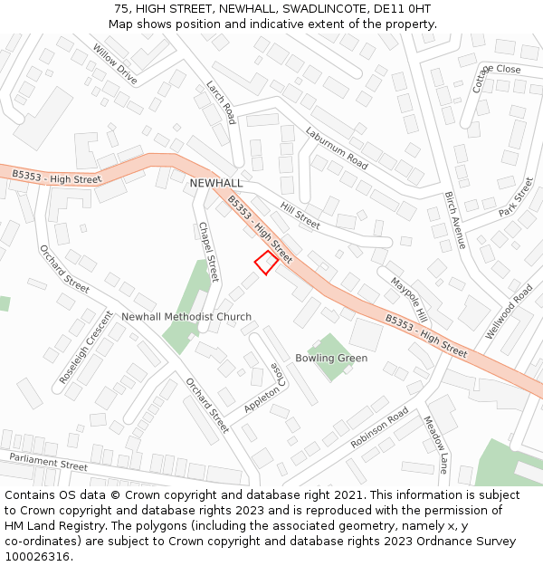75, HIGH STREET, NEWHALL, SWADLINCOTE, DE11 0HT: Location map and indicative extent of plot
