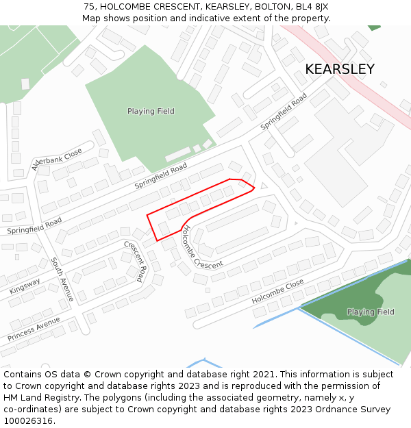 75, HOLCOMBE CRESCENT, KEARSLEY, BOLTON, BL4 8JX: Location map and indicative extent of plot