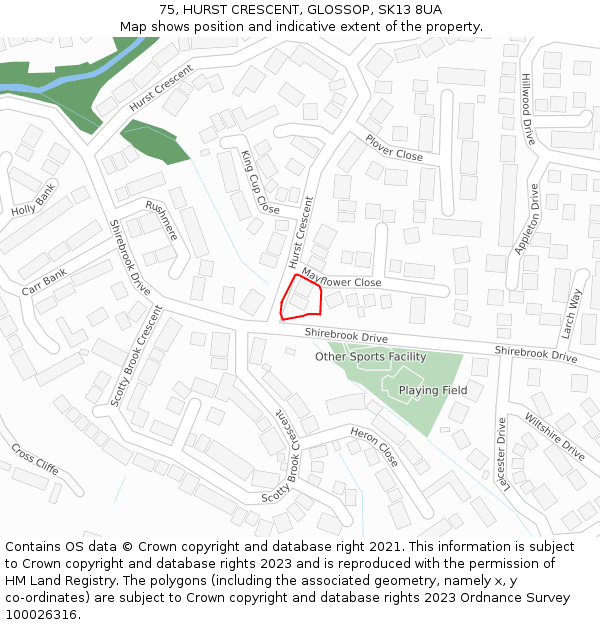 75, HURST CRESCENT, GLOSSOP, SK13 8UA: Location map and indicative extent of plot