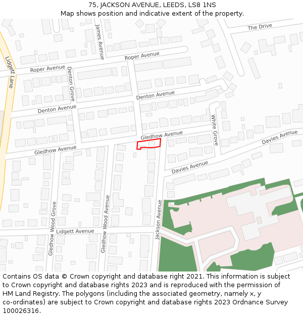 75, JACKSON AVENUE, LEEDS, LS8 1NS: Location map and indicative extent of plot