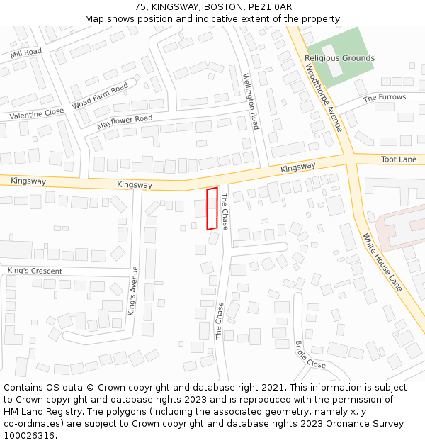 75, KINGSWAY, BOSTON, PE21 0AR: Location map and indicative extent of plot