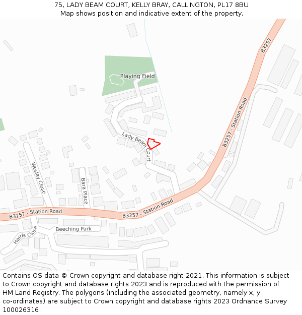 75, LADY BEAM COURT, KELLY BRAY, CALLINGTON, PL17 8BU: Location map and indicative extent of plot