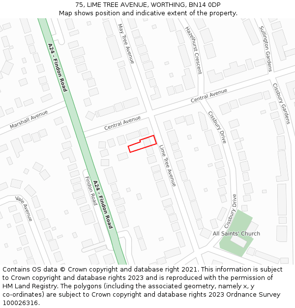 75, LIME TREE AVENUE, WORTHING, BN14 0DP: Location map and indicative extent of plot