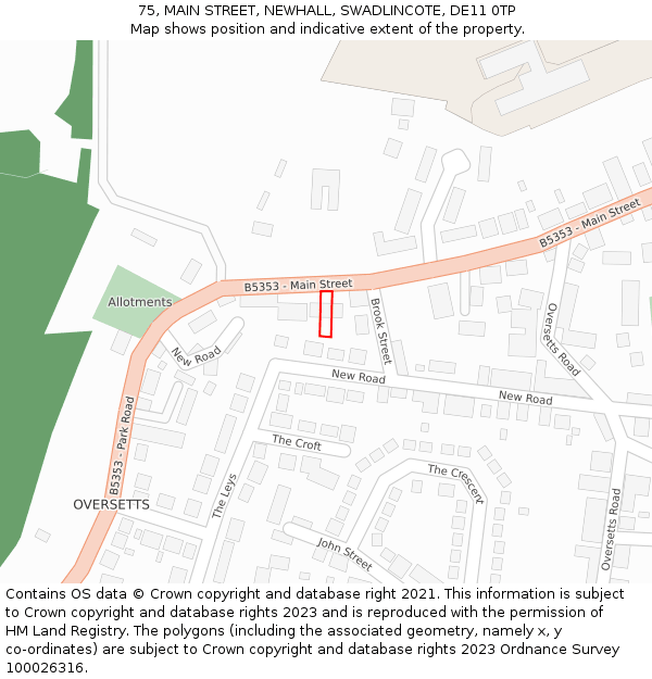75, MAIN STREET, NEWHALL, SWADLINCOTE, DE11 0TP: Location map and indicative extent of plot