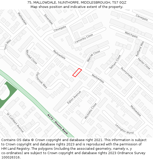 75, MALLOWDALE, NUNTHORPE, MIDDLESBROUGH, TS7 0QZ: Location map and indicative extent of plot