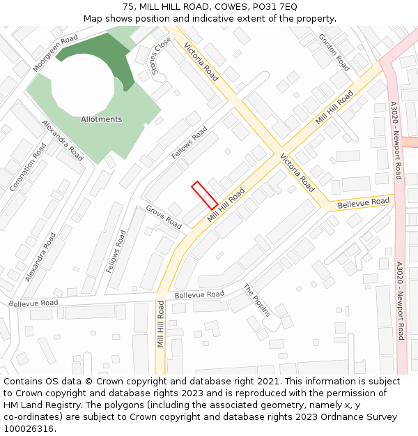 75, MILL HILL ROAD, COWES, PO31 7EQ: Location map and indicative extent of plot