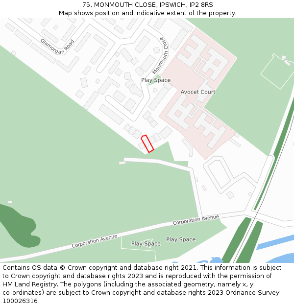 75, MONMOUTH CLOSE, IPSWICH, IP2 8RS: Location map and indicative extent of plot