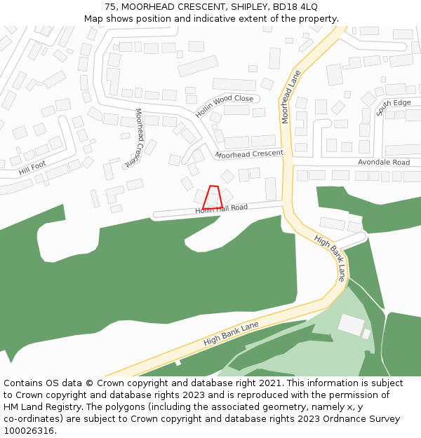 75, MOORHEAD CRESCENT, SHIPLEY, BD18 4LQ: Location map and indicative extent of plot