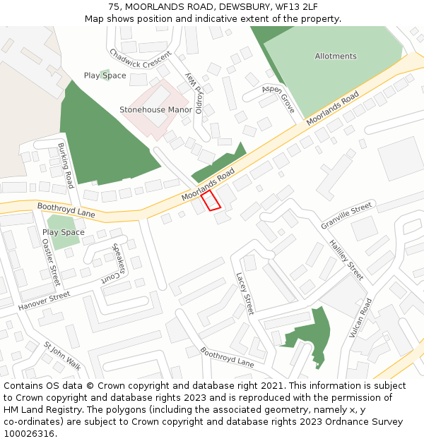 75, MOORLANDS ROAD, DEWSBURY, WF13 2LF: Location map and indicative extent of plot