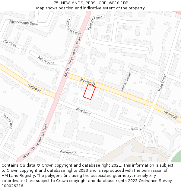 75, NEWLANDS, PERSHORE, WR10 1BP: Location map and indicative extent of plot