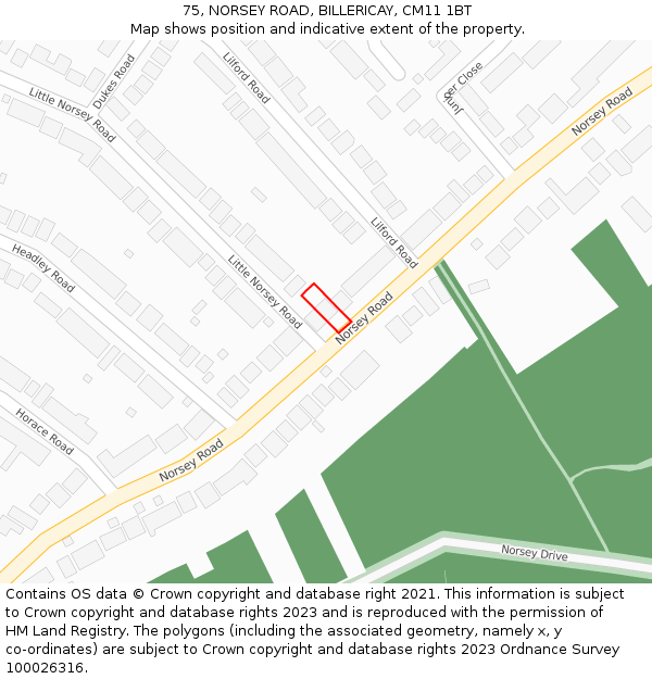 75, NORSEY ROAD, BILLERICAY, CM11 1BT: Location map and indicative extent of plot