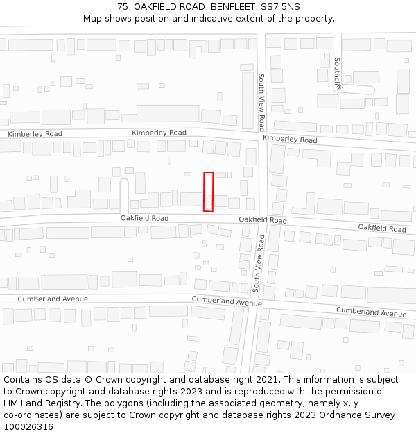 75, OAKFIELD ROAD, BENFLEET, SS7 5NS: Location map and indicative extent of plot