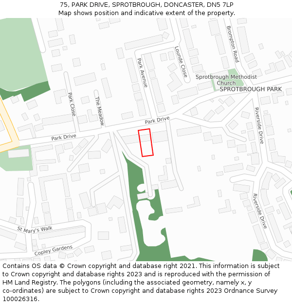 75, PARK DRIVE, SPROTBROUGH, DONCASTER, DN5 7LP: Location map and indicative extent of plot