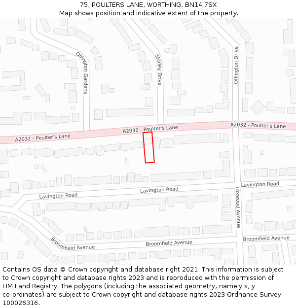 75, POULTERS LANE, WORTHING, BN14 7SX: Location map and indicative extent of plot