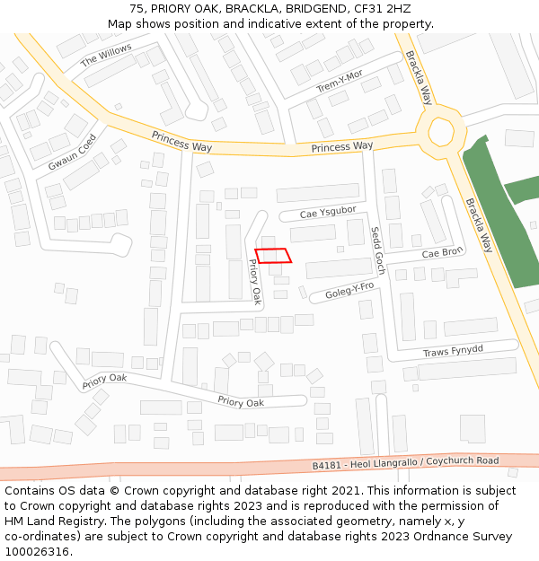 75, PRIORY OAK, BRACKLA, BRIDGEND, CF31 2HZ: Location map and indicative extent of plot