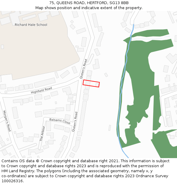 75, QUEENS ROAD, HERTFORD, SG13 8BB: Location map and indicative extent of plot