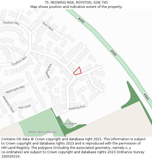 75, REDWING RISE, ROYSTON, SG8 7XD: Location map and indicative extent of plot