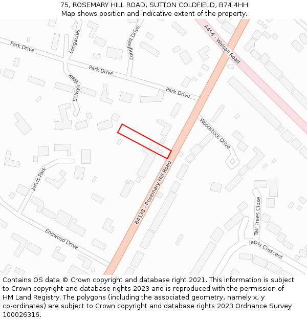 75, ROSEMARY HILL ROAD, SUTTON COLDFIELD, B74 4HH: Location map and indicative extent of plot