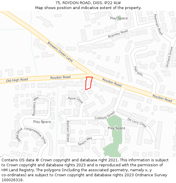 75, ROYDON ROAD, DISS, IP22 4LW: Location map and indicative extent of plot