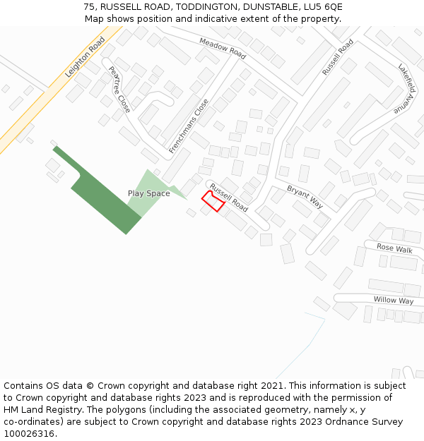 75, RUSSELL ROAD, TODDINGTON, DUNSTABLE, LU5 6QE: Location map and indicative extent of plot