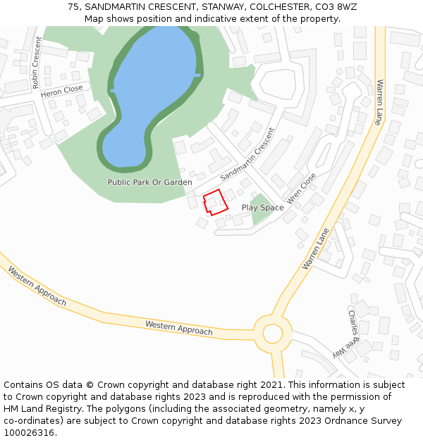 75, SANDMARTIN CRESCENT, STANWAY, COLCHESTER, CO3 8WZ: Location map and indicative extent of plot