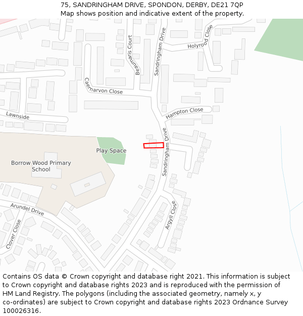 75, SANDRINGHAM DRIVE, SPONDON, DERBY, DE21 7QP: Location map and indicative extent of plot