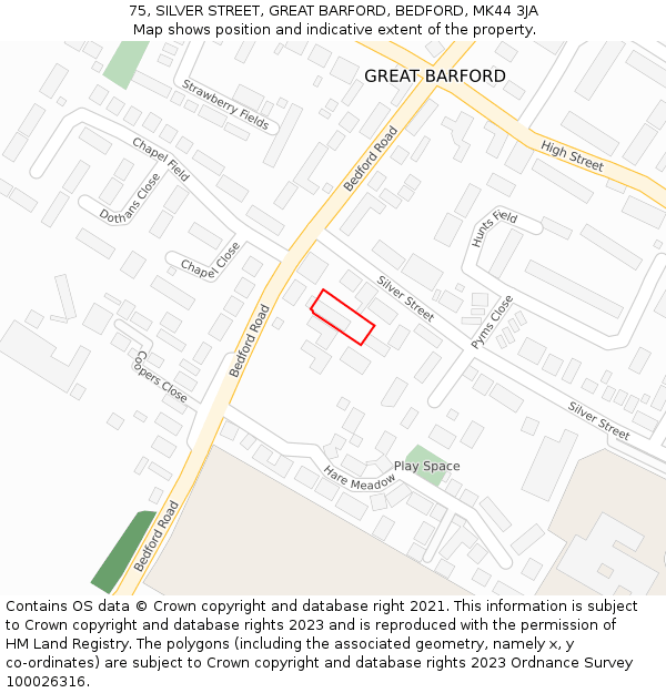 75, SILVER STREET, GREAT BARFORD, BEDFORD, MK44 3JA: Location map and indicative extent of plot