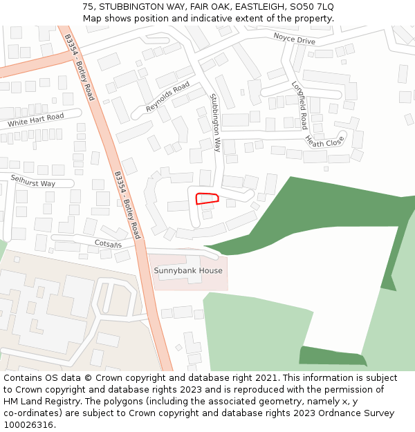 75, STUBBINGTON WAY, FAIR OAK, EASTLEIGH, SO50 7LQ: Location map and indicative extent of plot