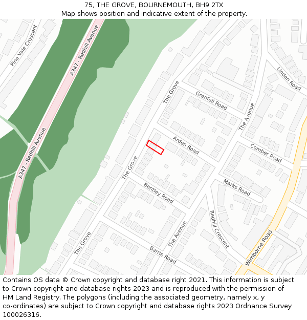 75, THE GROVE, BOURNEMOUTH, BH9 2TX: Location map and indicative extent of plot