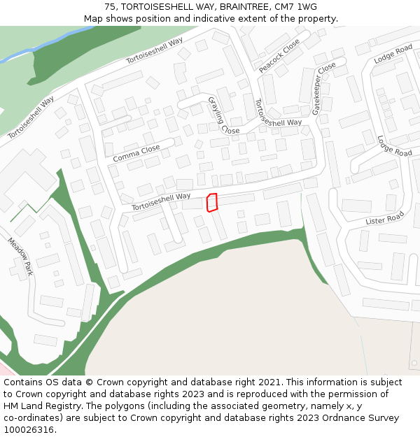 75, TORTOISESHELL WAY, BRAINTREE, CM7 1WG: Location map and indicative extent of plot