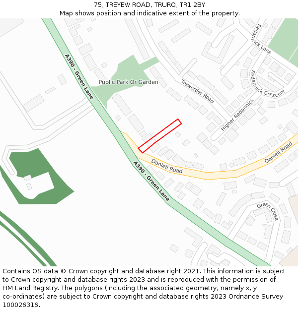 75, TREYEW ROAD, TRURO, TR1 2BY: Location map and indicative extent of plot