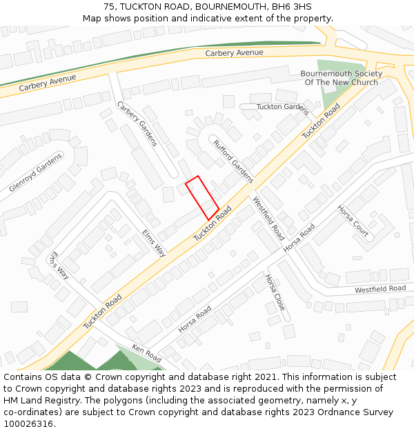 75, TUCKTON ROAD, BOURNEMOUTH, BH6 3HS: Location map and indicative extent of plot