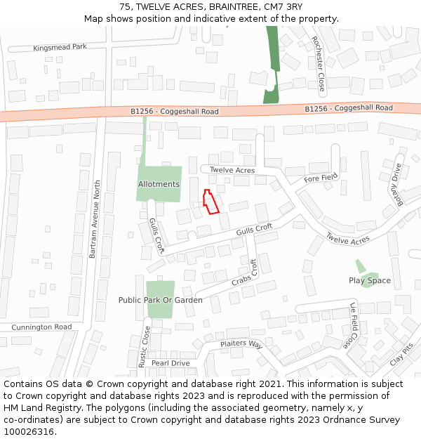 75, TWELVE ACRES, BRAINTREE, CM7 3RY: Location map and indicative extent of plot