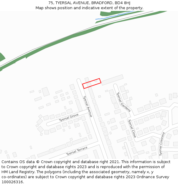 75, TYERSAL AVENUE, BRADFORD, BD4 8HJ: Location map and indicative extent of plot