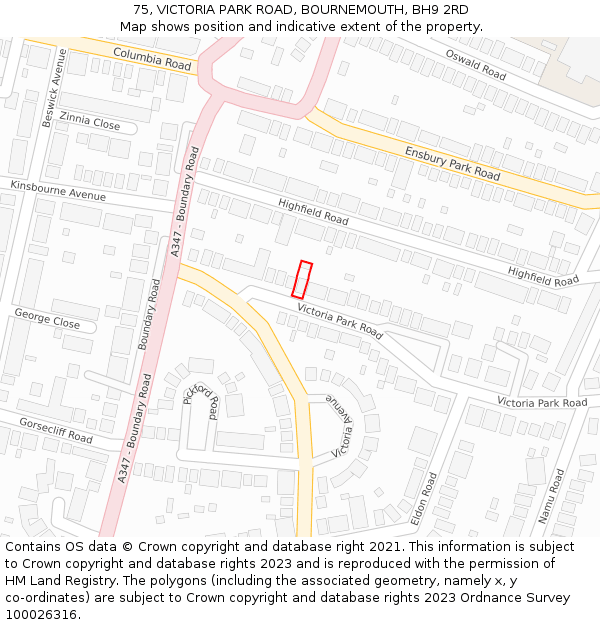 75, VICTORIA PARK ROAD, BOURNEMOUTH, BH9 2RD: Location map and indicative extent of plot