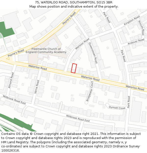 75, WATERLOO ROAD, SOUTHAMPTON, SO15 3BR: Location map and indicative extent of plot