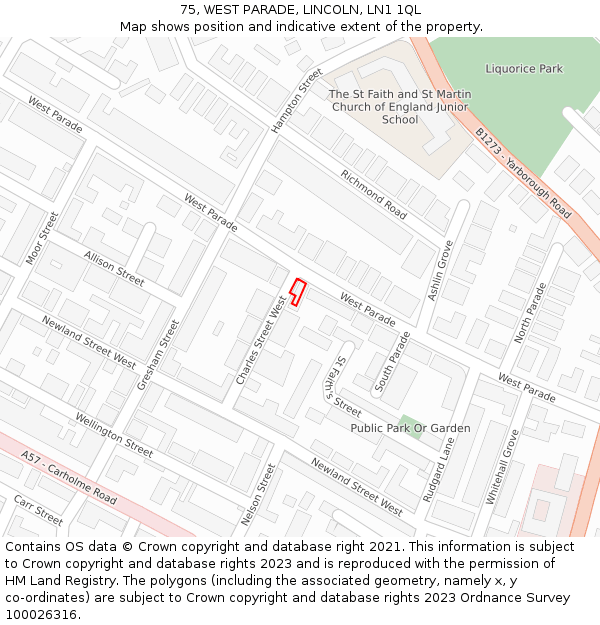 75, WEST PARADE, LINCOLN, LN1 1QL: Location map and indicative extent of plot