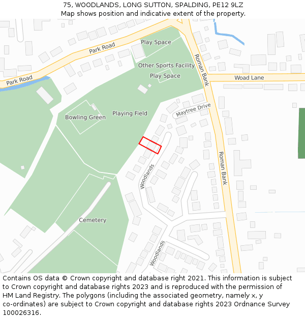 75, WOODLANDS, LONG SUTTON, SPALDING, PE12 9LZ: Location map and indicative extent of plot