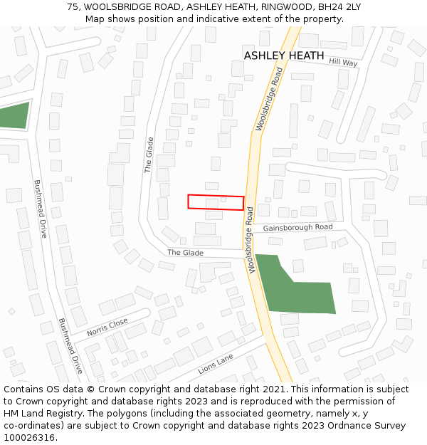 75, WOOLSBRIDGE ROAD, ASHLEY HEATH, RINGWOOD, BH24 2LY: Location map and indicative extent of plot