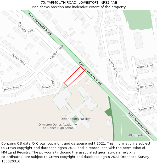 75, YARMOUTH ROAD, LOWESTOFT, NR32 4AE: Location map and indicative extent of plot