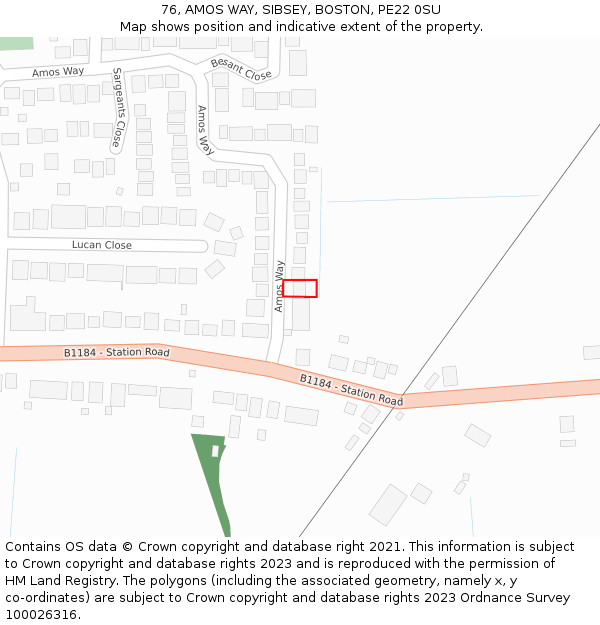 76, AMOS WAY, SIBSEY, BOSTON, PE22 0SU: Location map and indicative extent of plot