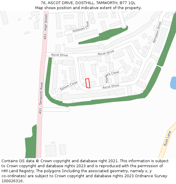 76, ASCOT DRIVE, DOSTHILL, TAMWORTH, B77 1QL: Location map and indicative extent of plot