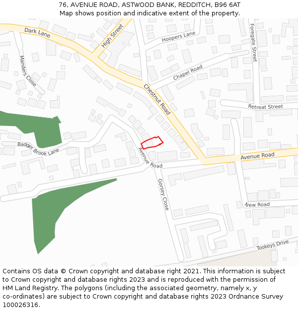 76, AVENUE ROAD, ASTWOOD BANK, REDDITCH, B96 6AT: Location map and indicative extent of plot