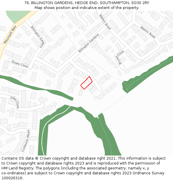 76, BILLINGTON GARDENS, HEDGE END, SOUTHAMPTON, SO30 2RY: Location map and indicative extent of plot