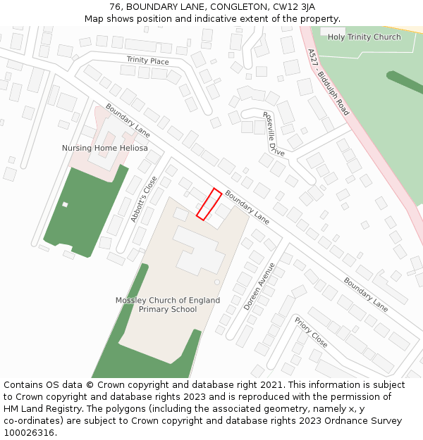76, BOUNDARY LANE, CONGLETON, CW12 3JA: Location map and indicative extent of plot