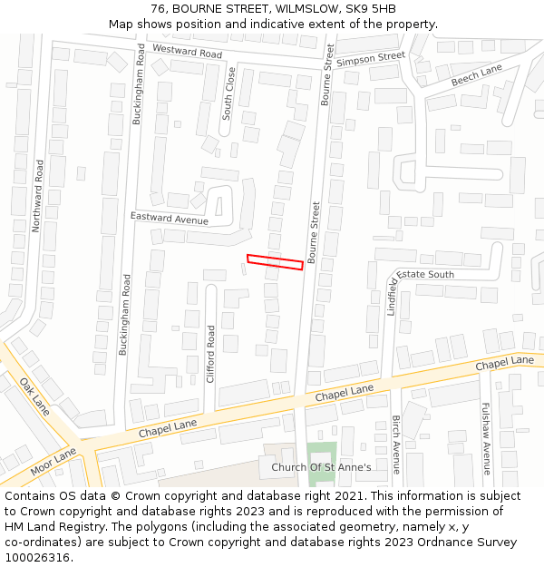 76, BOURNE STREET, WILMSLOW, SK9 5HB: Location map and indicative extent of plot