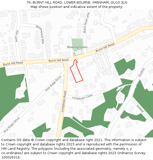 76, BURNT HILL ROAD, LOWER BOURNE, FARNHAM, GU10 3LN: Location map and indicative extent of plot